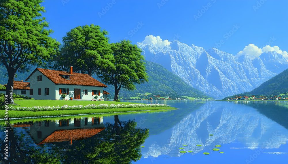 Obraz premium Pixel Art Lakeside Village Scene