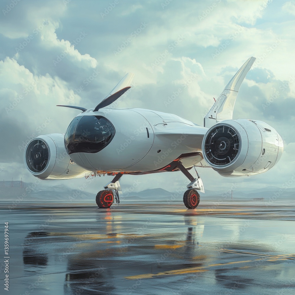 Fototapeta premium Futuristic Aircraft Design on Runway with Cloudy Sky Background