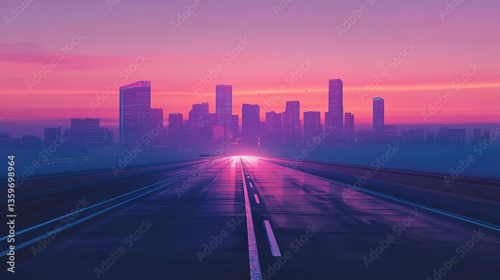 Fototapeta premium Empty highway merging into a distant cityscape, sleek buildings rising under a soft twilight gradient, clean asphalt stretching endlessly 
