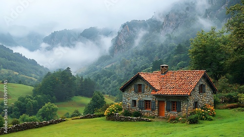 Traditional Basque stone house in the heart of the Pyrenees surrounded by green pastures and mist covered mountains captured with a prime lens