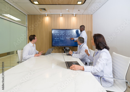 Medical professional engaged in a collaborative meeting discussing research finding and patient care strategy in a modern conference room
