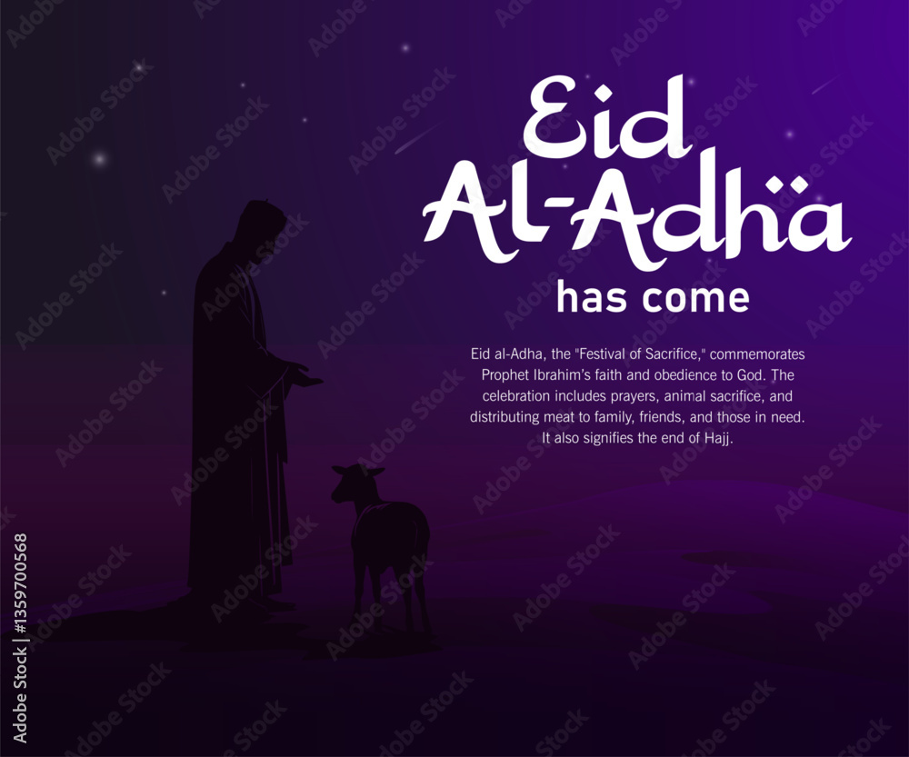 Naklejka premium Eid al-Adha vector illustration with arabian desert, moslem, and sacrificial animals. Perfect for greetings, banners, and social media.