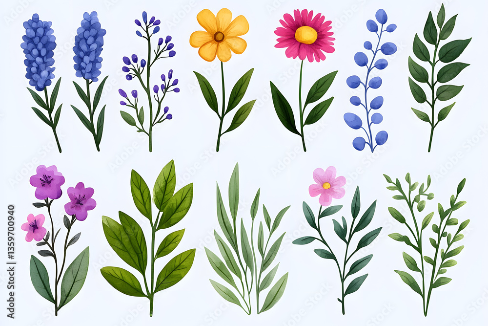 custom made wallpaper toronto digitalWatercolor wildflowers and leaves illustration set isolated on white