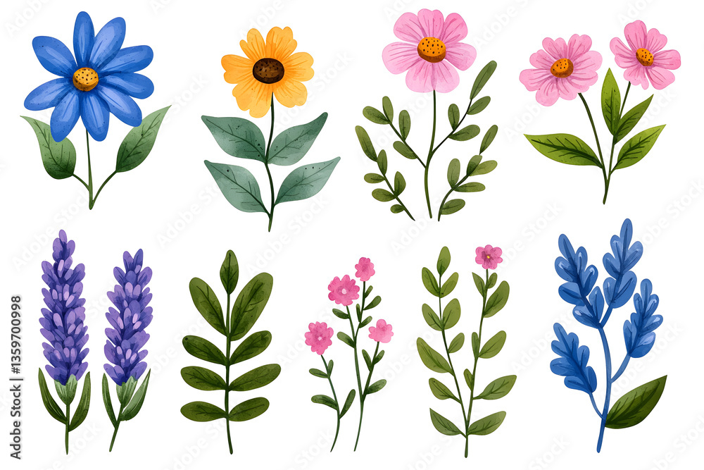 custom made wallpaper toronto digitalWatercolor wildflowers and leaves illustration set isolated on white