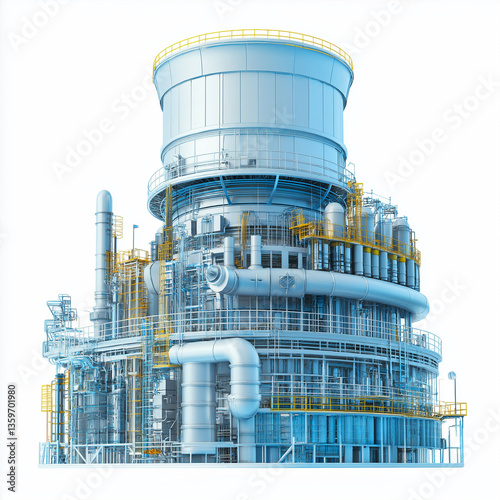 Small Modular Reactor nuclear grid energy. SMR. Electricity renewable sustainability safety. 3D Clip art. Detailed image of a small modular reactor and nuclear grid system.