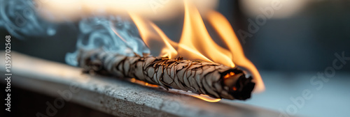 Obraz na płótnie Burning White Sage Smudge Stick with Flames and Smoke w salonie