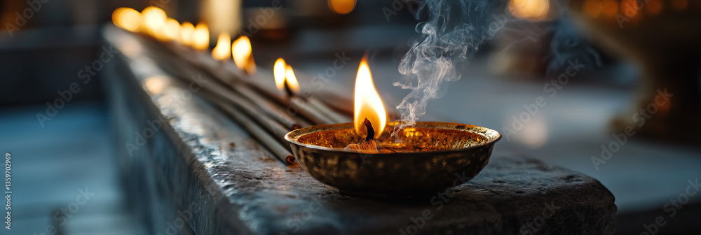 Lit Oil Lamp and Incense Sticks on Stone Surface