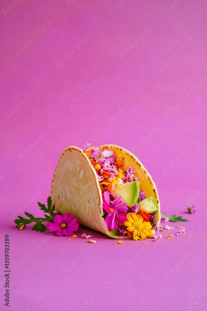 Taco filled with flowers, with flowers next to it on a pastel purple background. Food, Spring concept.