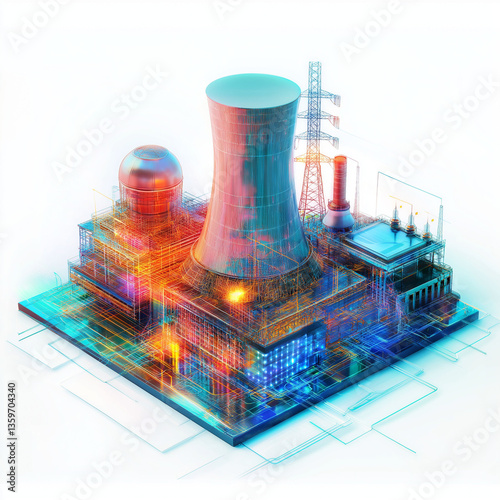 Small Modular Reactor nuclear grid energy. SMR. Electricity renewable sustainability safety. 3D Clip art. Schematic of a small modular reactor for nuclear power generation.