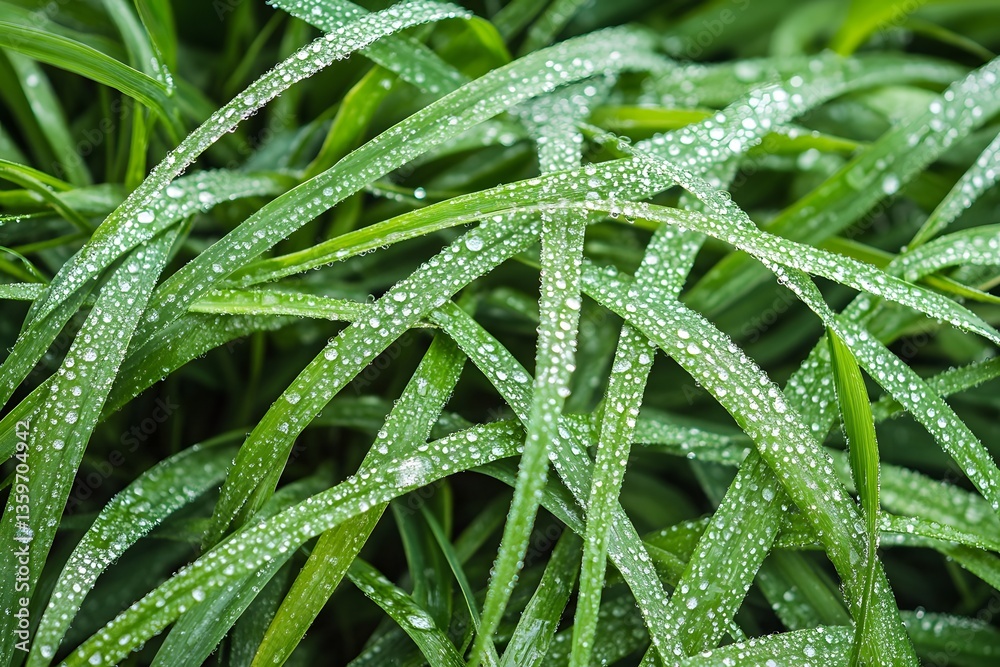 Closeup Dew Drops on Lush Green Grass Blades Closeup Dew Drops on Lush Green Grass Blades