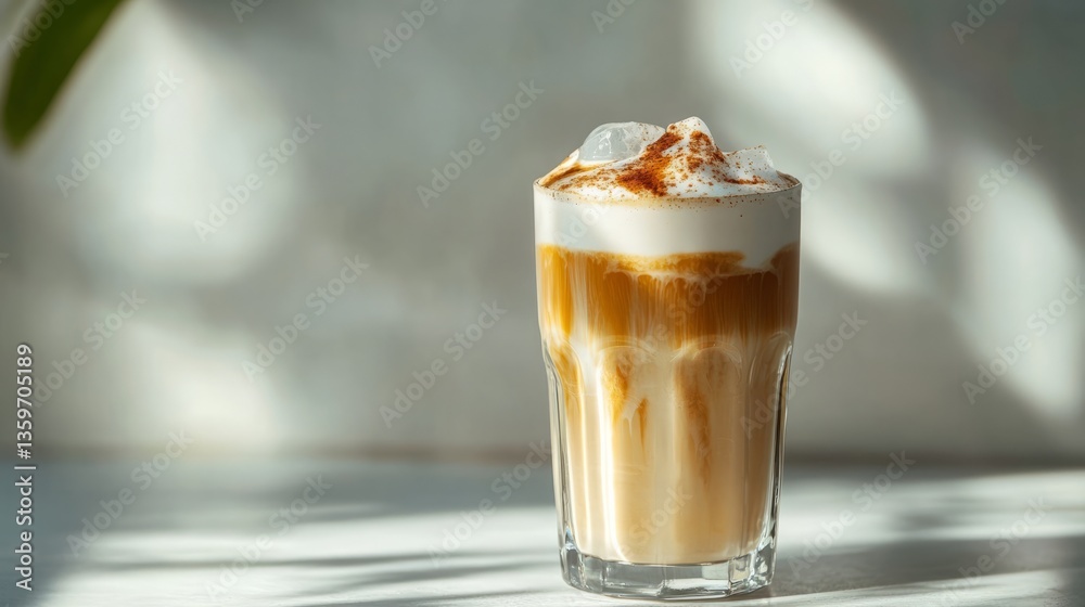 Glass of iced coffee with ice cubes on marble background, perfect for hot summer days Glass of iced coffee with ice cubes on marble background, perfect for hot summer days
