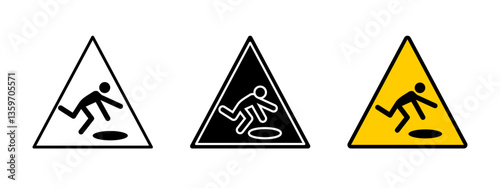 Warning fall hazard icon. Safety sign depicting a person falling into a hole. Caution symbol for accident prevention. Workplace risk alert and injury prevention sign.
