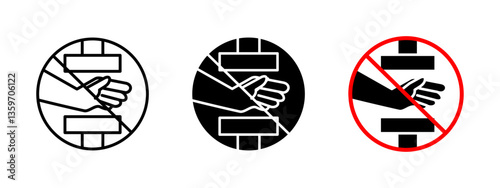No hand pinch icon. Safety warning vector illustration for preventing hand injuries. Prohibited sign for dangerous machinery and workplace hazards. Industrial accident prevention and caution symbol.