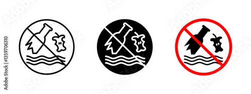 No littering icon. Environmental protection sign against polluting beaches and coastal areas. Warning symbol to prevent trash disposal in the ocean, promoting cleanliness and sustainability.