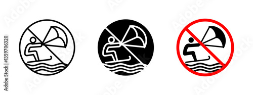 No kitesurfing icon. Water sports restriction sign for safety in designated areas. Warning symbol prohibiting kitesurfing activities in specific locations to prevent accidents and ensure public safety