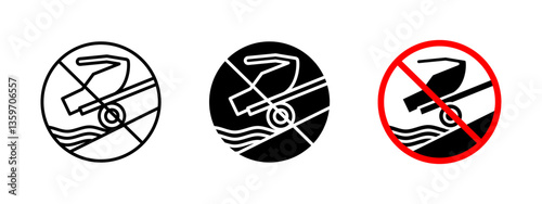 No construction waste disposal icon. Prohibited dumping of building debris into water bodies. Environmental protection and pollution prevention sign. Safety warning for ecological conservation.