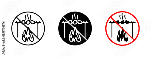 No barbecue fire icon. Prohibited grilling and open flames in nature. Fire safety and environmental protection sign. Warning against outdoor cooking in restricted areas.