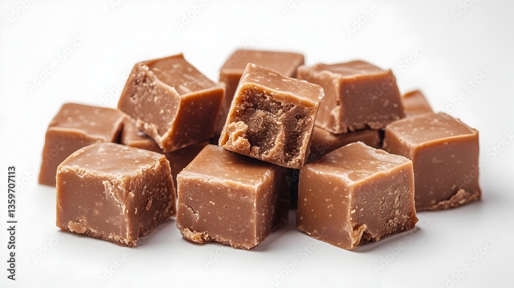 A delectable pile of milk chocolate fudge cubes sits on a pristine white background perfect for culinary or dessert advertisements. A delectable pile of milk chocolate fudge cubes sits on a pristine white background perfect for culinary or dessert advertisements.
