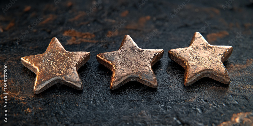 Three bronze stars on dark textured surface, representing quality, rating, or achievement. Showcase ideal for awards, feedback, or review concepts. Three bronze stars on dark textured surface, representing quality, rating, or achievement. Showcase ideal for awards, feedback, or review concepts.