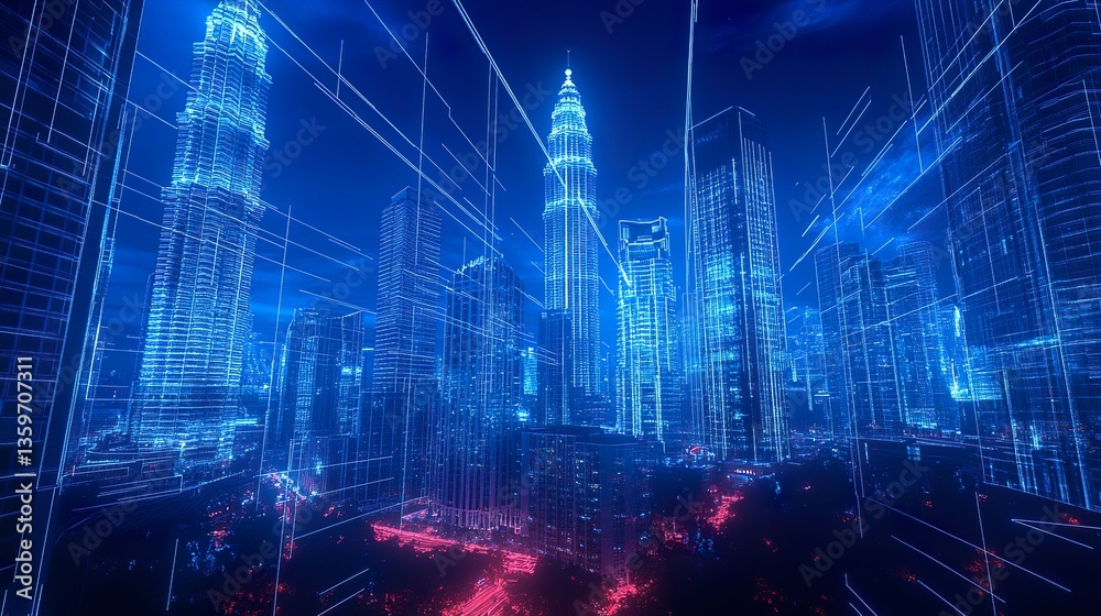 Fototapeta premium Futuristic Kuala Lumpur cityscape with the skyline illuminated by holographic digital projections, geometric patterns overlaying skyscrapers