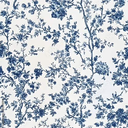 Blue and white french floral seamless pattern on a white background