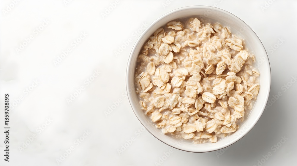 A bowl of creamy oatmeal porridge sits on a white marble surface perfect for a healthy breakfast image. A bowl of creamy oatmeal porridge sits on a white marble surface perfect for a healthy breakfast image.