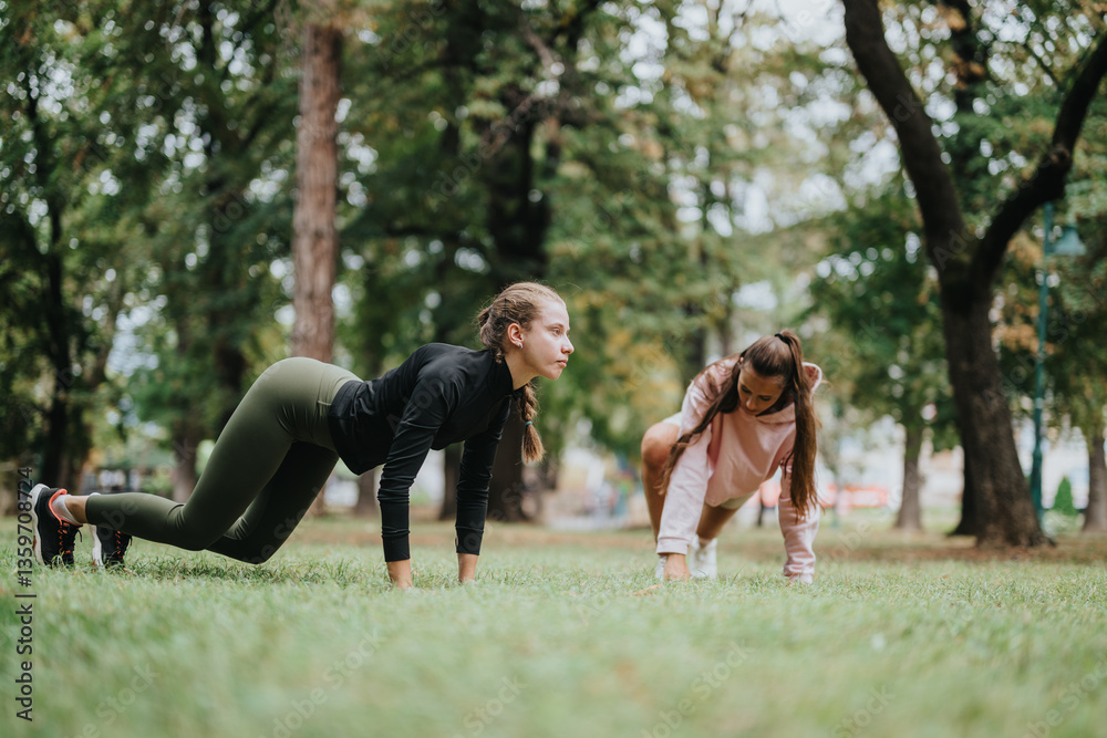 Obraz premium Two women engage in a fitness session outdoors in a park surrounded by greenery, promoting health and wellness.