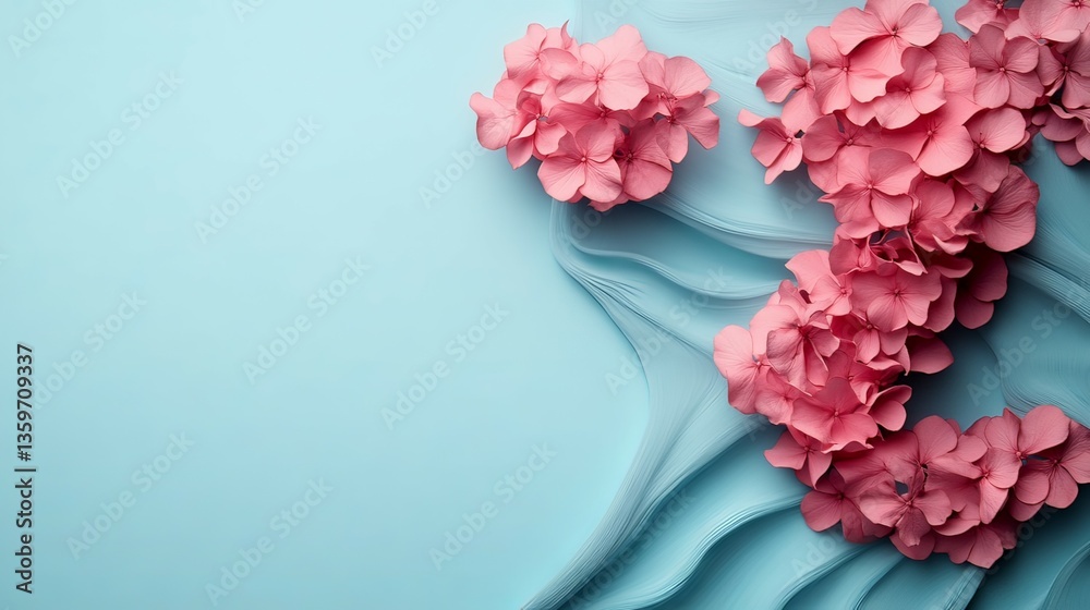 Obraz premium Pink Hydrangeas on Blue Silk: A Serene Floral Composition