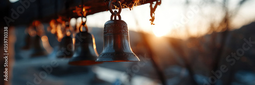 Obraz na płótnie Ornate Bronze Bells at Sunset w salonie