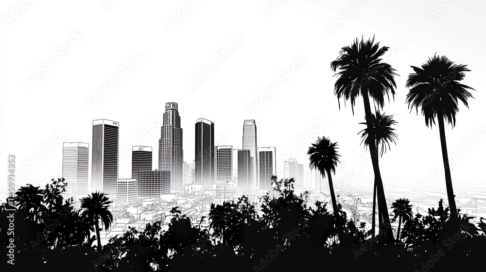 Iconic Los Angeles cityscape with clean and sharp outlines of downtown high-rises, palm trees adding texture to the foreground, and a stark white background emphasizing the sleek architecture