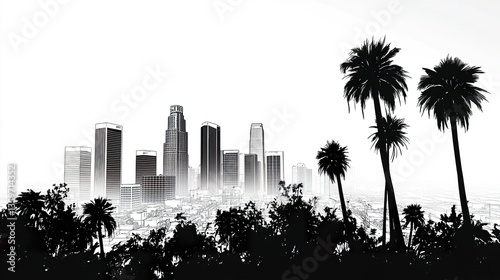 Iconic Los Angeles cityscape with clean and sharp outlines of downtown high-rises, palm trees adding texture to the foreground, and a stark white background emphasizing the sleek architecture