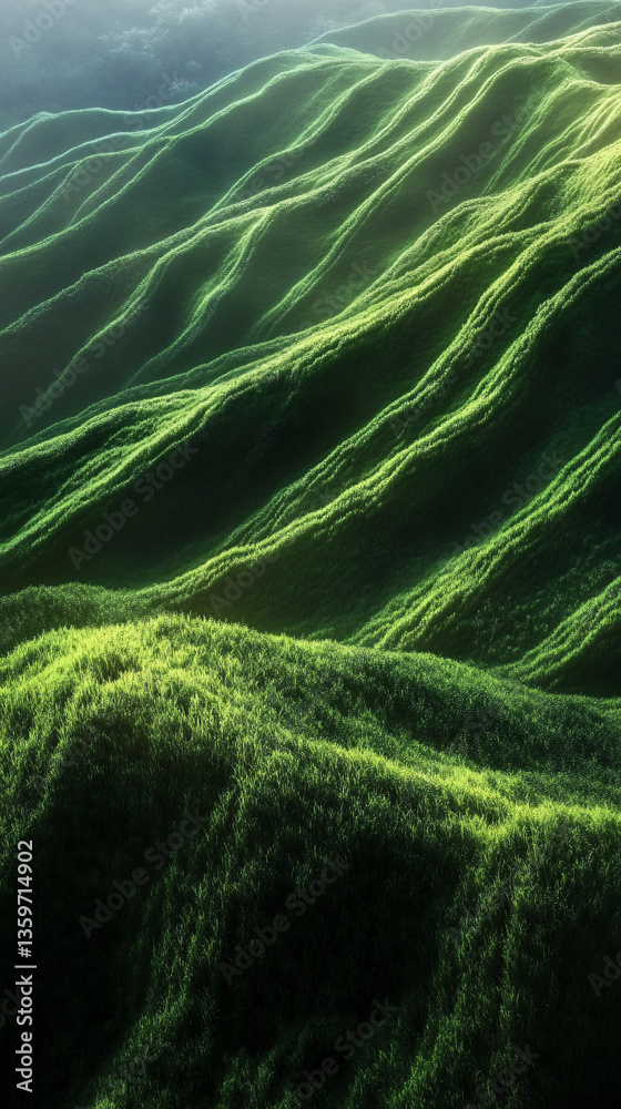 A scenic view of sunlit green hills covered in rich vegetation forming layered wavy patterns
A scenic view of sunlit green hills covered in rich vegetation forming layered wavy patterns