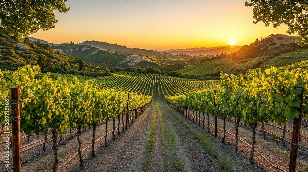 Fototapeta premium Beautiful Sunset Over Picturesque Vineyard with Rows of Grape Vines