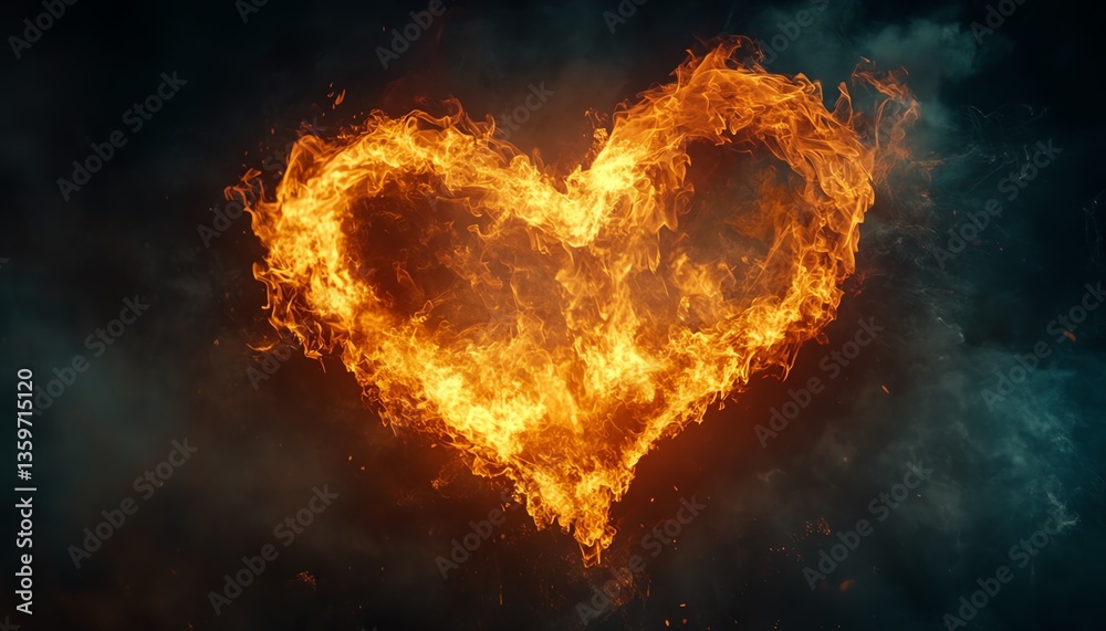 A powerful heartshaped explosion of fire and smoke, embodying the raw emotion and destructive force of intense feelings, with dramatic lighting and vivid contrast