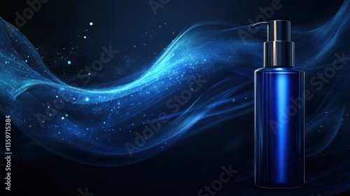 Blue cosmetic dispenser with flowing light wave abstract background