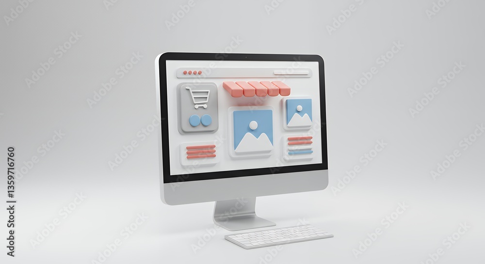 Modern E-commerce Website Design Concept Clean Minimalist 3D Render of Online Store Interface Modern E-commerce Website Design Concept Clean Minimalist 3D Render of Online Store Interface