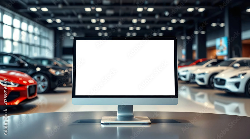 Fototapeta premium Monitor with blank white screen on table for mockup, with a background in a modern car showroom