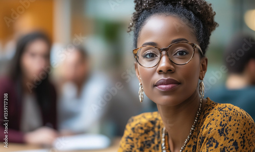 African American woman in her late thirties, wearing glasses and earrings with a dark skin tone
