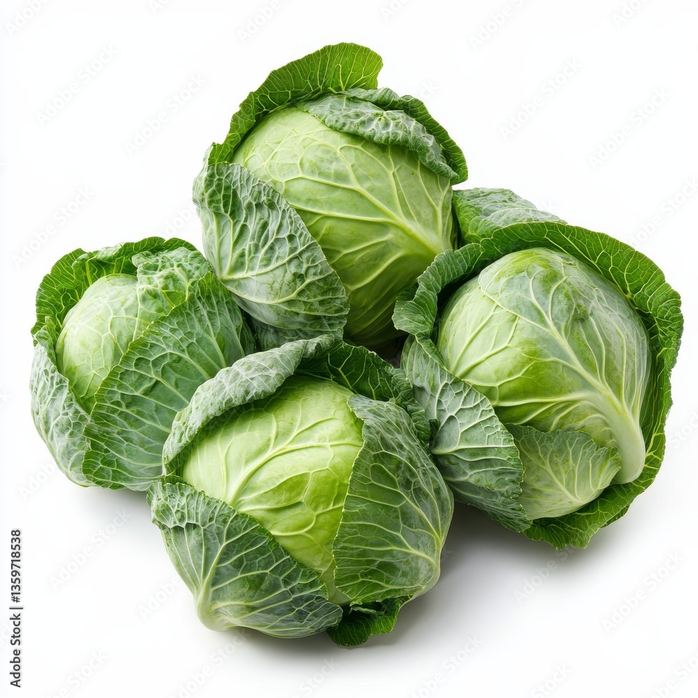 Fototapeta premium A Pile of Fresh Green Cabbages on White Background, Displaying Healthy and Natural Food, Ideal for Salad or Cooking