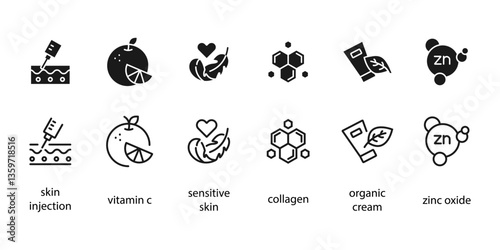 Organic cosmetic line icons set. Organic skin care components or labels. Zinc Oxide icon. Collagen, sensitive skin, skin injection, vitamin c, organic cream.