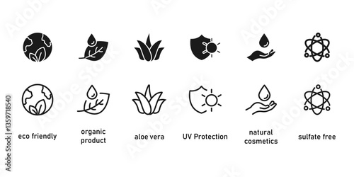 Organic cosmetic line icons set. Organic skin care components or labels. Aloe vera, eco friendly, organic product,  uv protection, natural cosmetics, sulfate free.