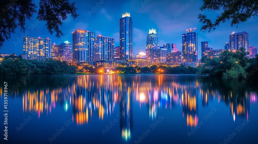 Naklejka premium Majestic cityscape at night with bright building facades, streetlights casting golden hues, and clear reflections on a still lake, the skyline stretching under a dark sky