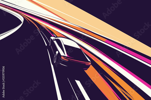 Stylish car speeding along sweeping curves with vibrant motion effects
