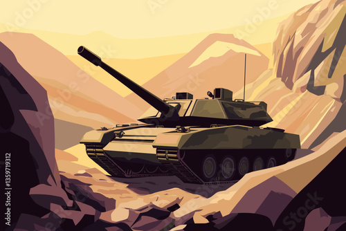Military tank positioned in rocky desert landscape with striking presence