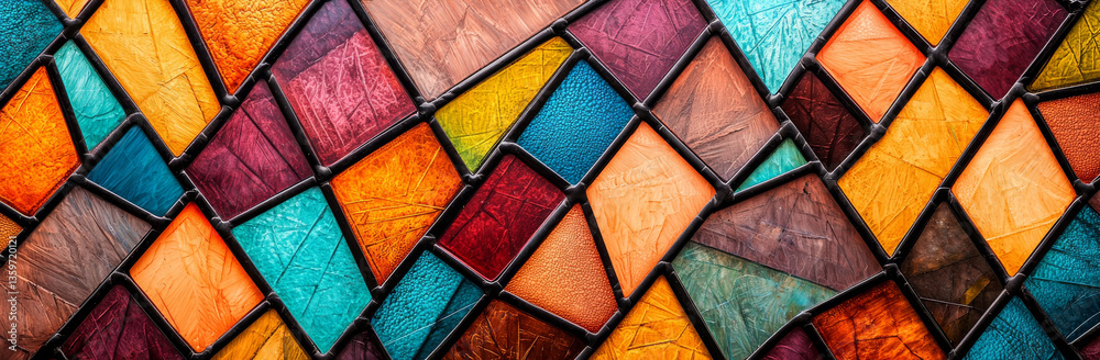 Fototapeta premium Colorful stained glass pattern with vibrant hues of orange, blue, and green, creating beautiful mosaic effect that evokes warmth and creativity
