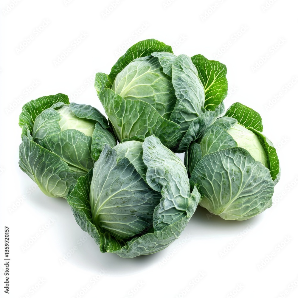 Fototapeta premium Fresh Green Cabbages Stacked on a White Background, Showcasing Healthy Eating and Natural Food, Perfect for Culinary and Nutrition Purposes