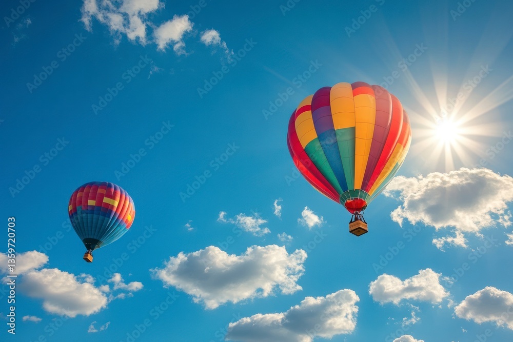 Obraz premium Colorful Hot Air Balloons Flying in Bright Blue Sky with Clouds