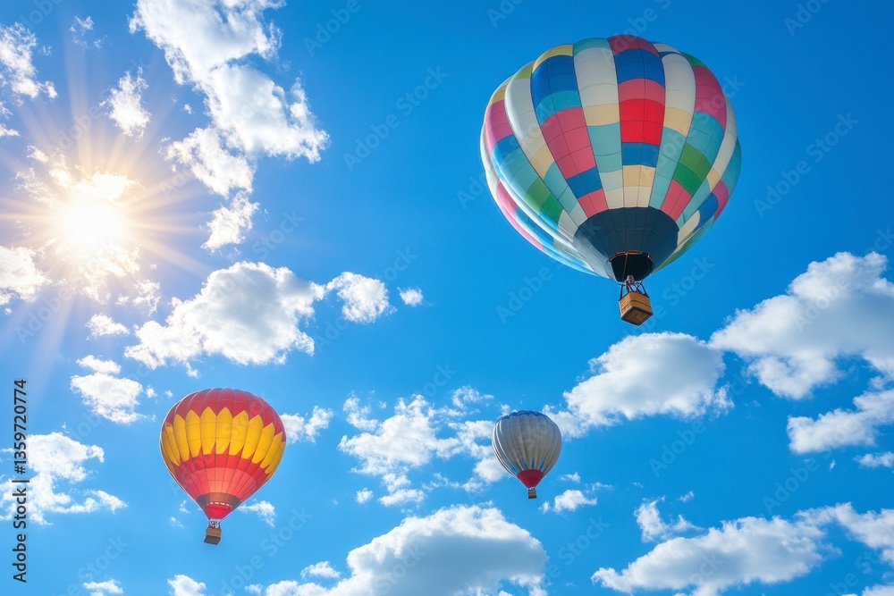 Fototapeta premium Hot Air Balloons Floating in a Bright Blue Sky with Clouds
