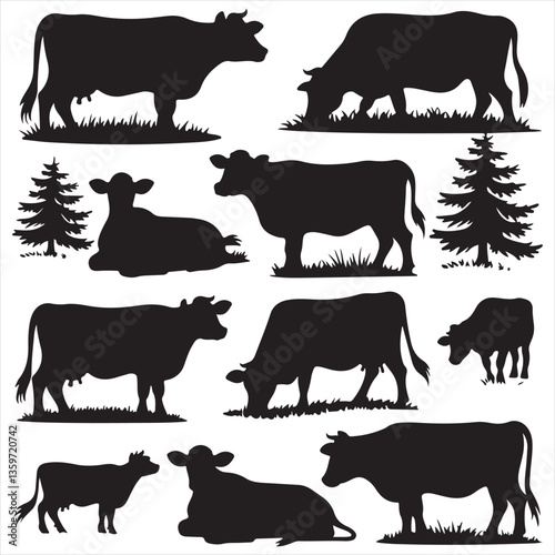 set of cow vector silhouettes, set of different style cow, Dairy farm cow, Cow Grazing On Meadow, vector silhouettes	
	