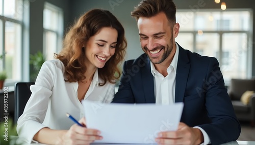 Couple Reviewing Document Together in Office